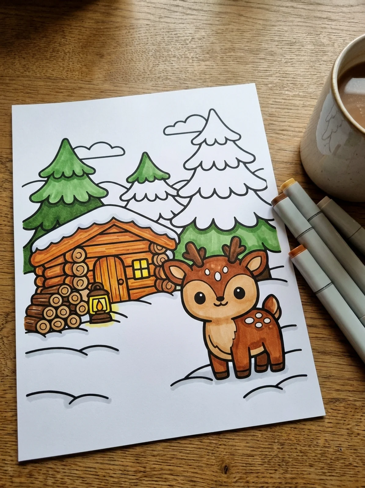 Log Cabin in the Snowy Woods coloring page printed and half colored with markers