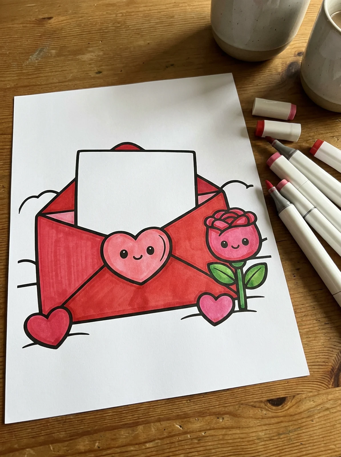 Love Letter with a Heart Seal coloring page printed and half colored with markers