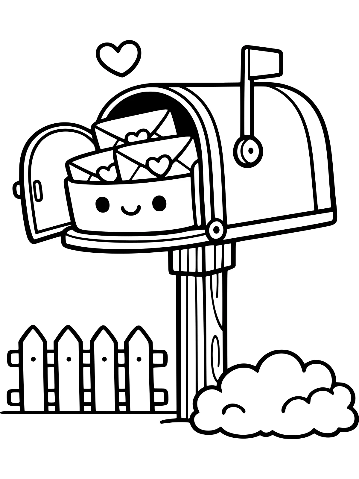 Mailbox Full of Valentine Letters coloring page: a mailbox with its flag up overflows with three heart-sealed valentine envelopes, beside a short picket fence and a little bush, bold and easy line art