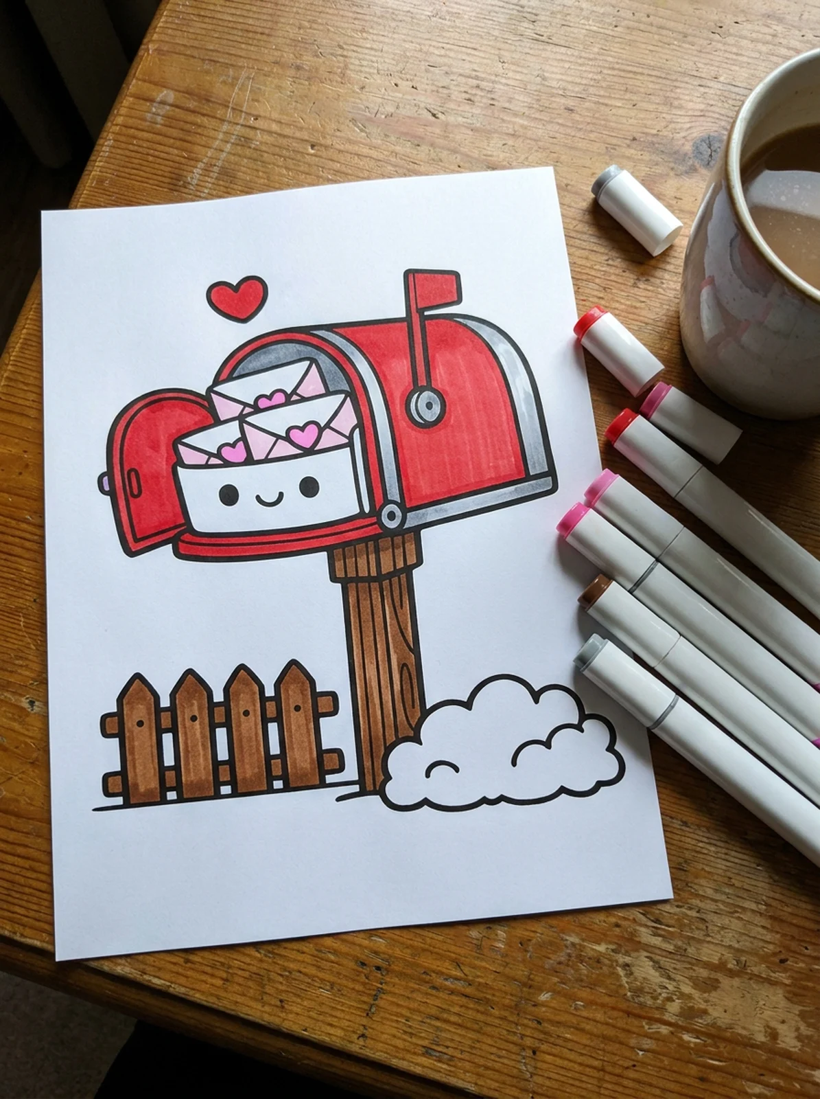 Mailbox Full of Valentine Letters coloring page printed and half colored with markers