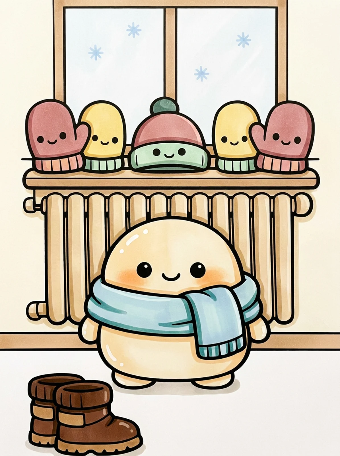 Mittens Drying on a Radiator coloring page, colored in