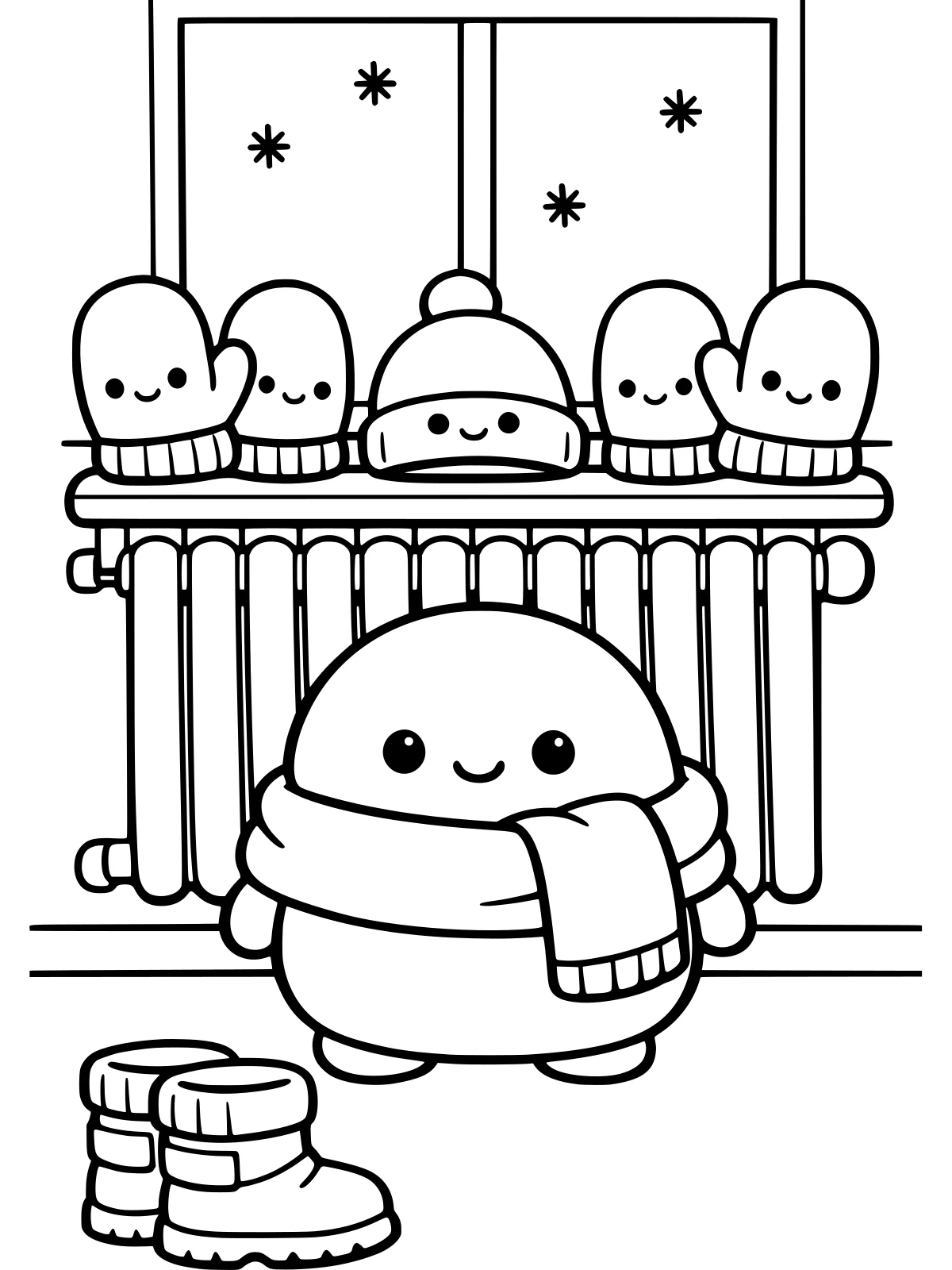 Mittens Drying on a Radiator coloring page: two pairs of smiling mittens and a hat dry above a radiator under a snowy window, with a round little friend in a scarf and a pair of snow boots below, bold and easy line art