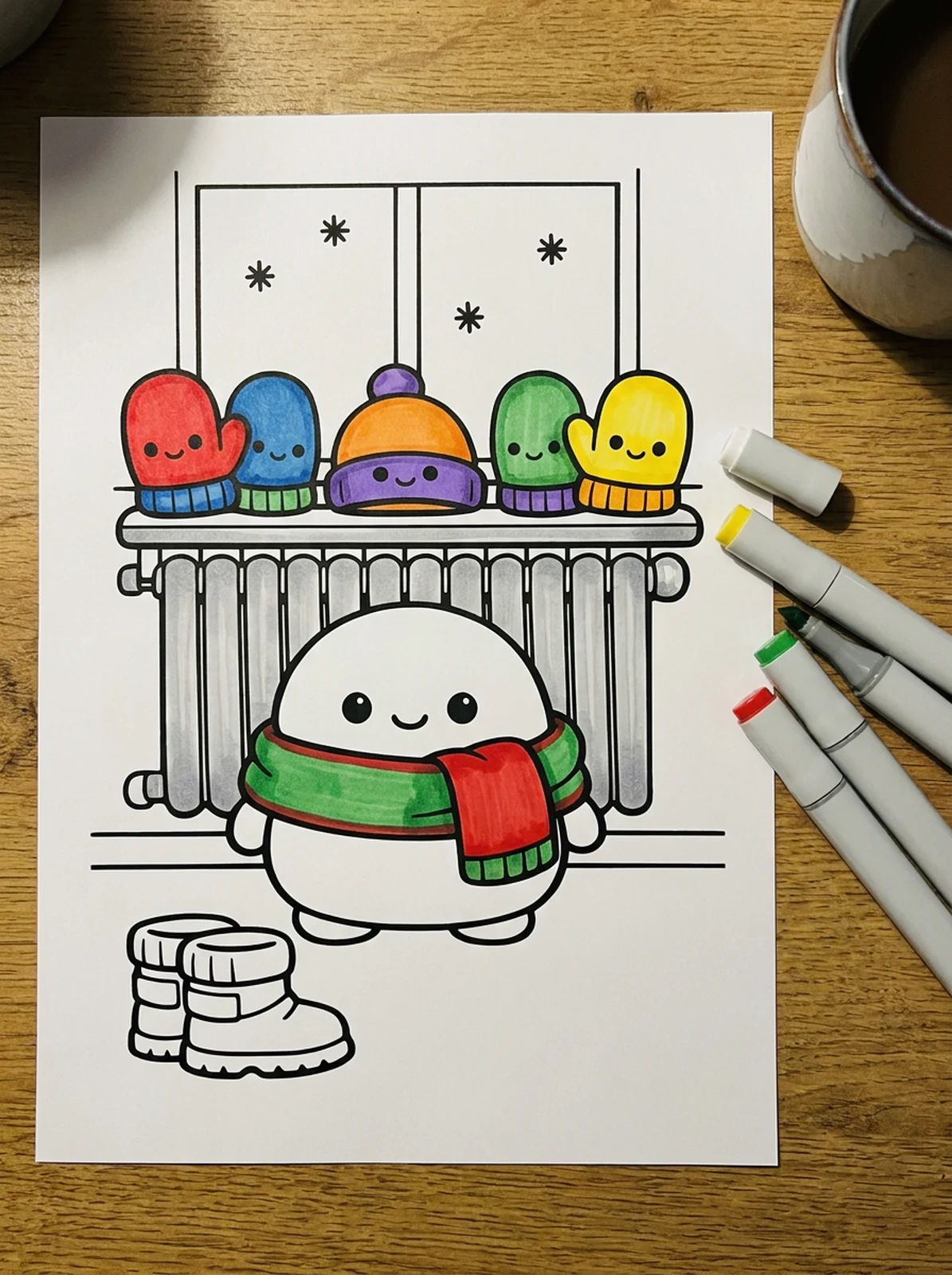 Mittens Drying on a Radiator coloring page printed and half colored with markers