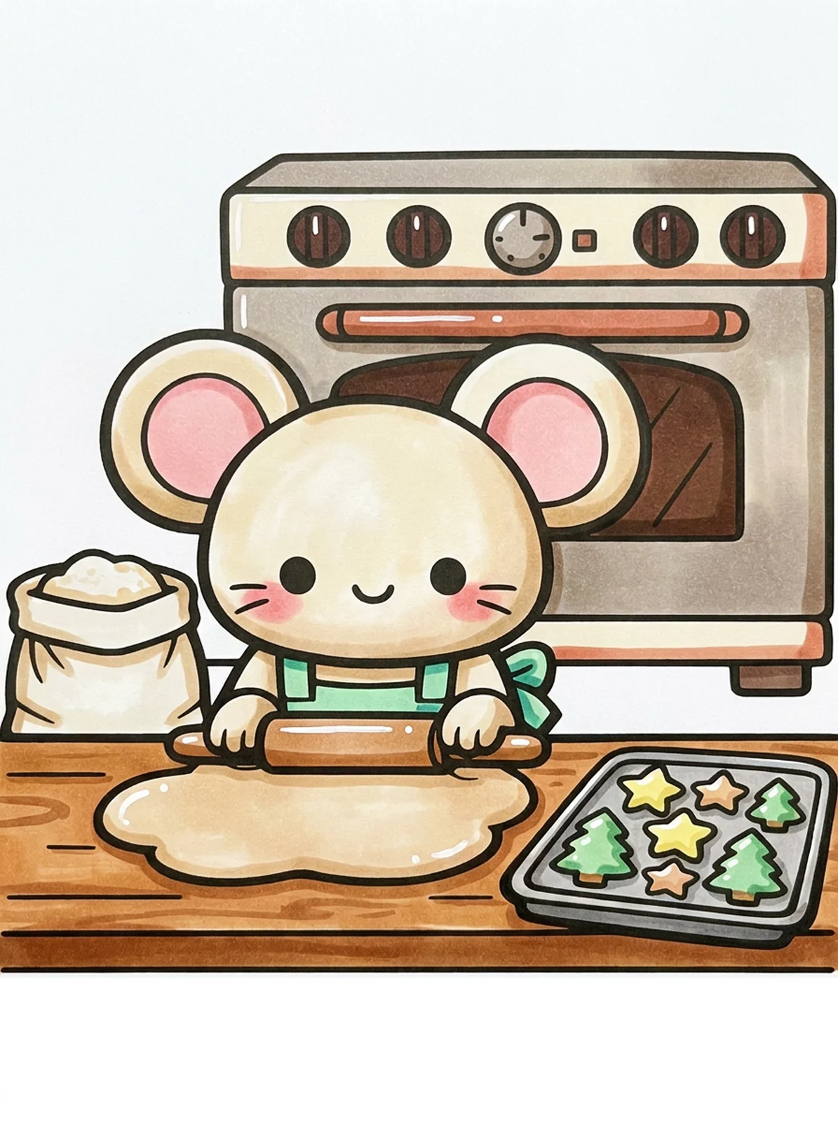 Mouse Baking Christmas Cookies coloring page, colored in