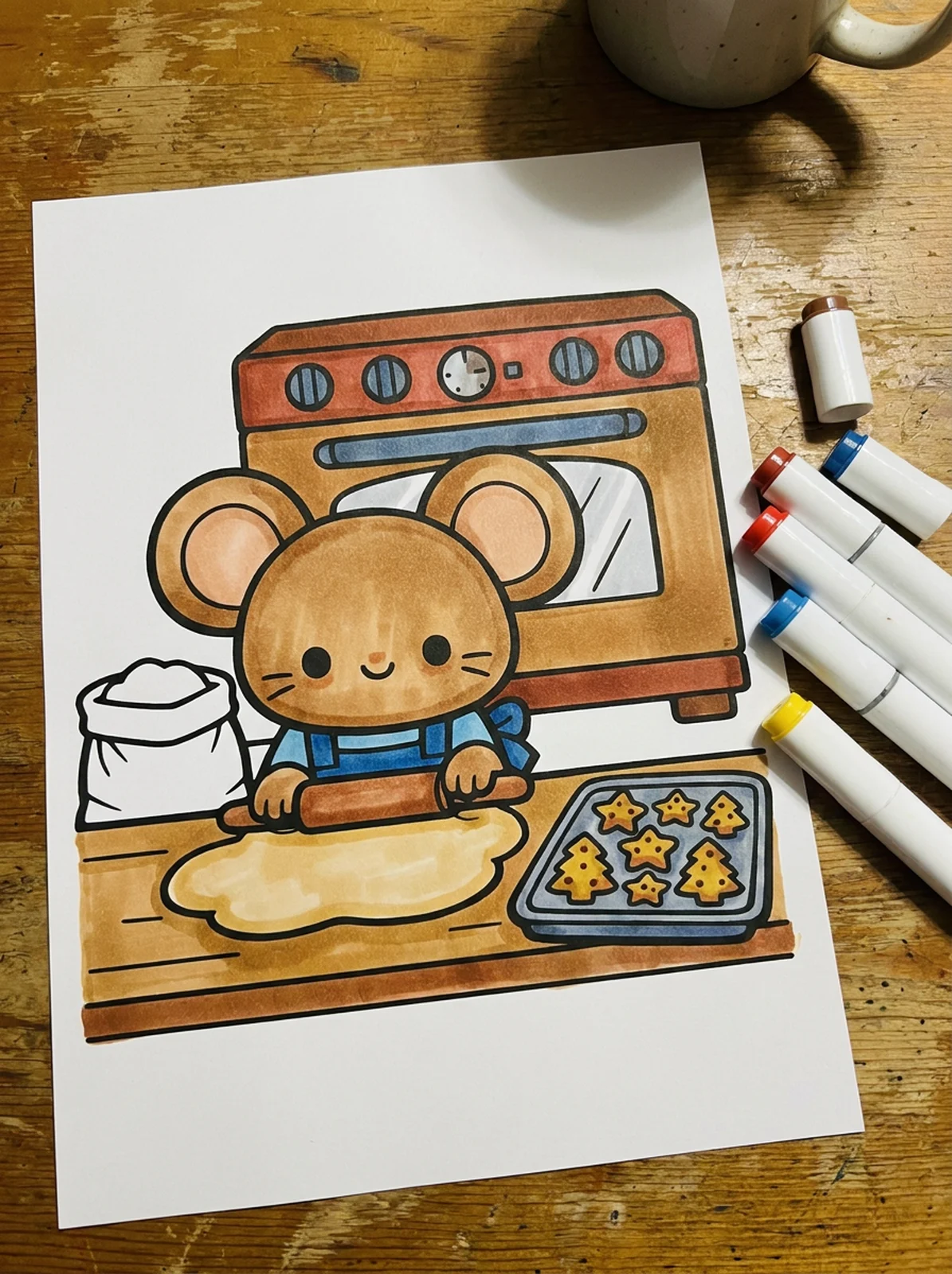 Mouse Baking Christmas Cookies coloring page printed and half colored with markers