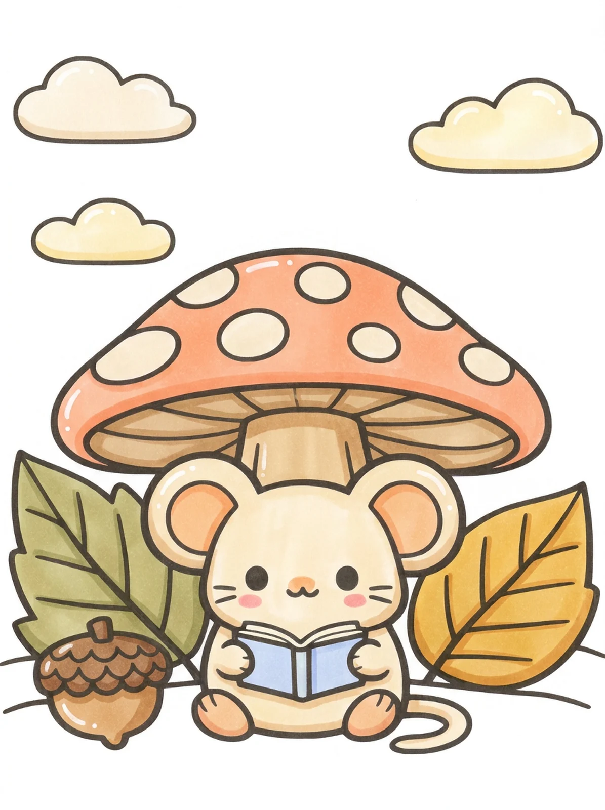 Mouse Reading Under a Mushroom coloring page, colored in
