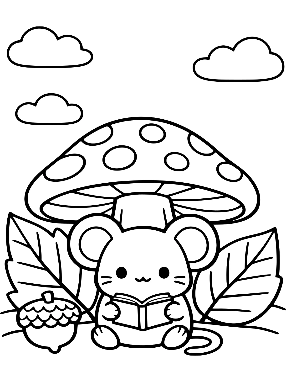 Mouse Reading Under a Mushroom coloring page: a tiny mouse reads a book in the shelter of a giant mushroom, next to an acorn cup and two big leaves, bold and easy line art