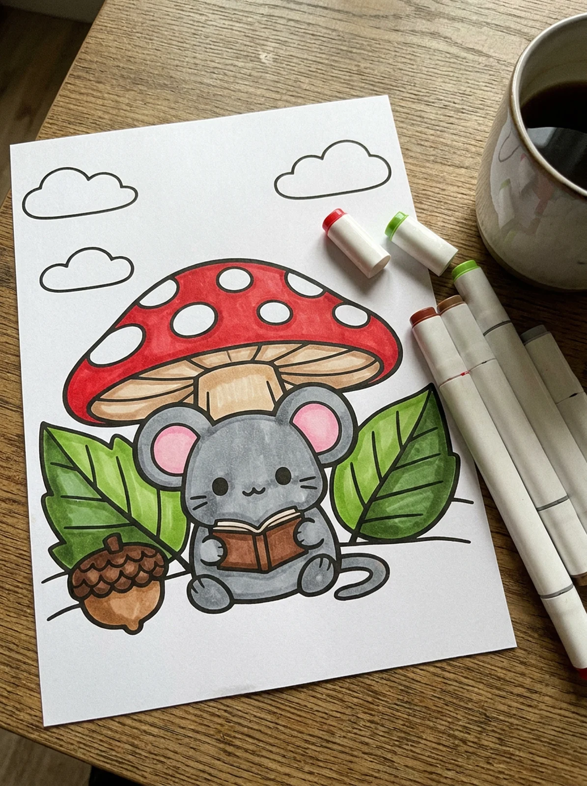 Mouse Reading Under a Mushroom coloring page printed and half colored with markers