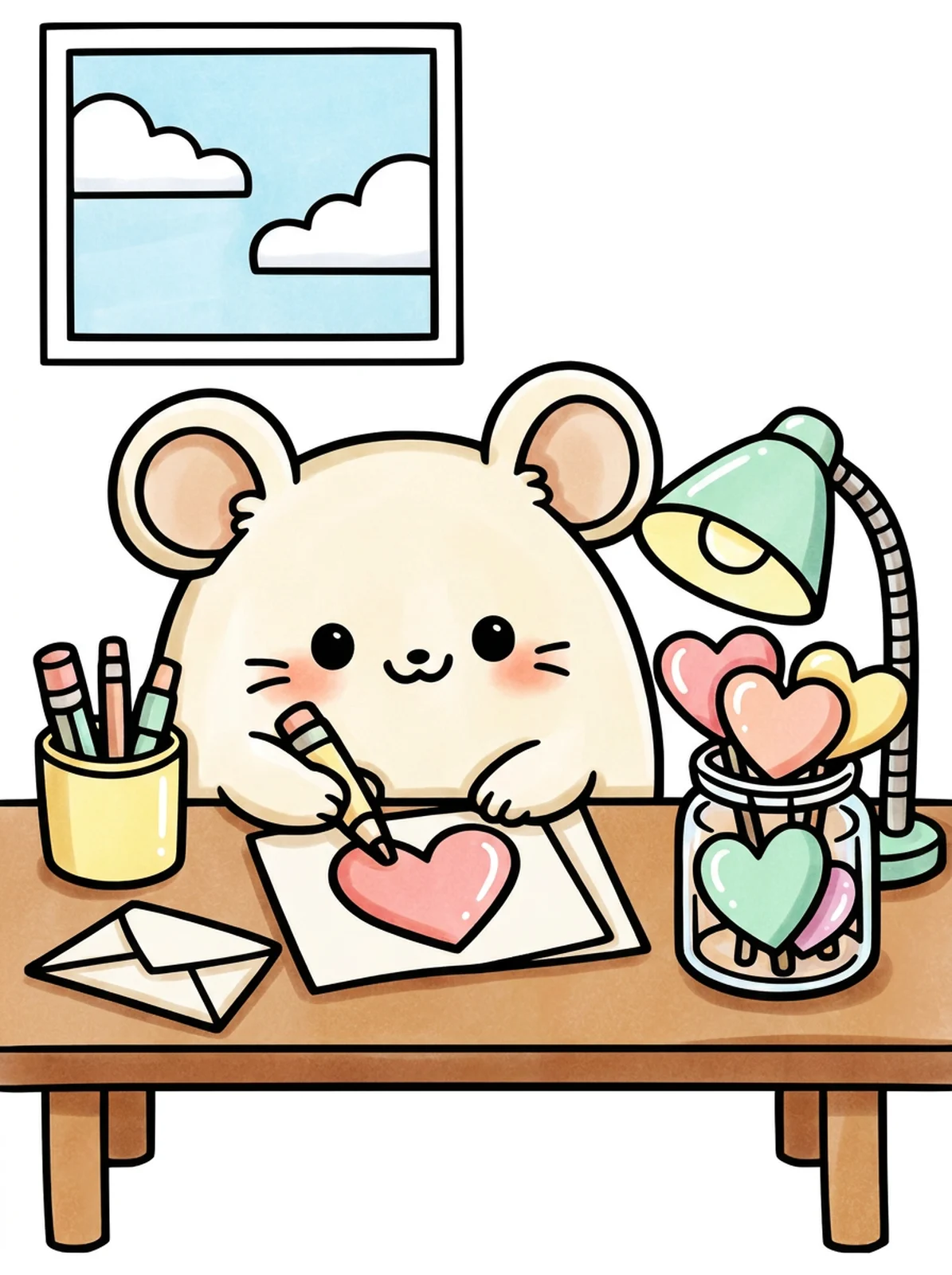 Mouse Writing a Valentine Card coloring page, colored in