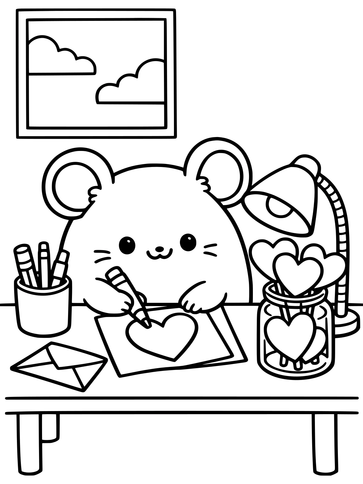 Mouse Writing a Valentine Card coloring page: a round mouse draws a big heart on a valentine card at a little desk with a pencil cup, an envelope and a jar of paper hearts, bold and easy line art