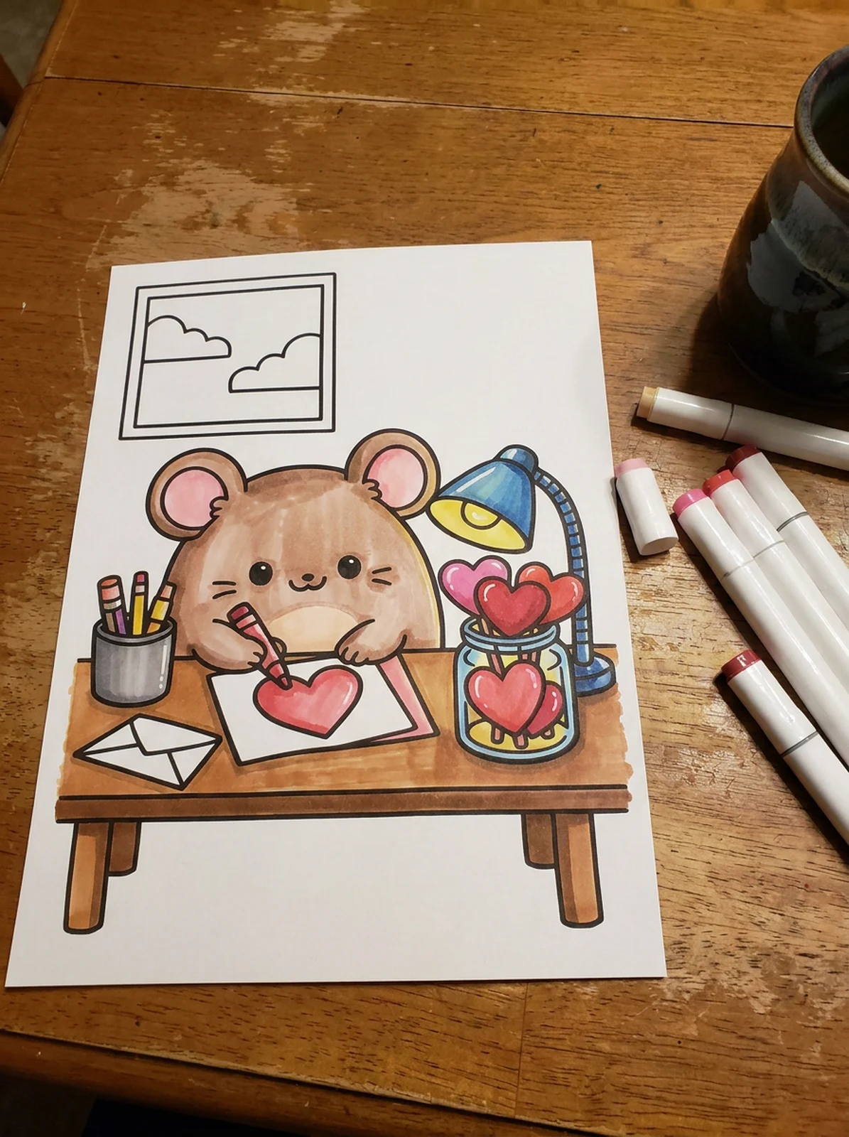Mouse Writing a Valentine Card coloring page printed and half colored with markers