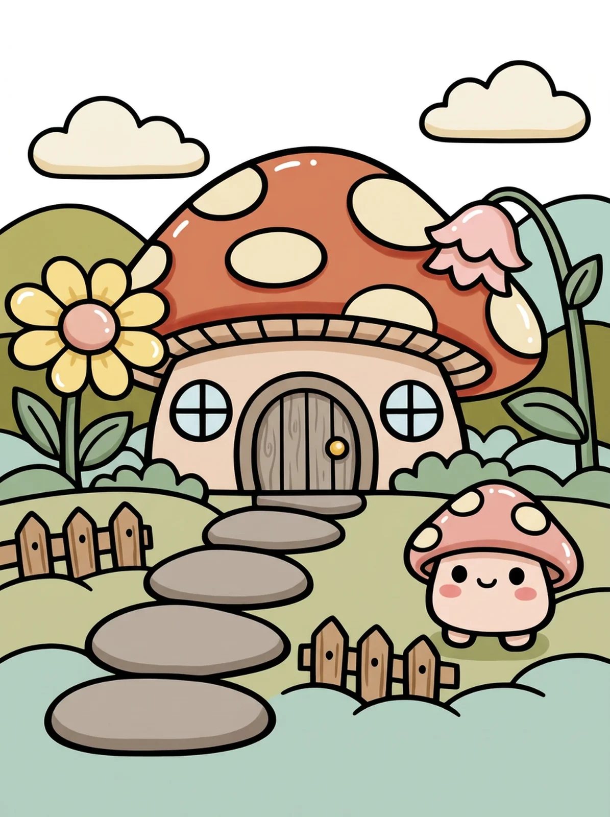 Mushroom Cottage in the Garden coloring page, colored in