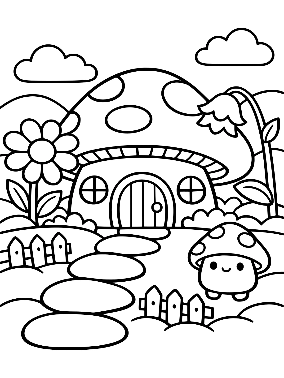Mushroom Cottage in the Garden coloring page: a big mushroom cottage with a round door and windows, a stepping stone path, big garden flowers and a little fence, bold and easy line art