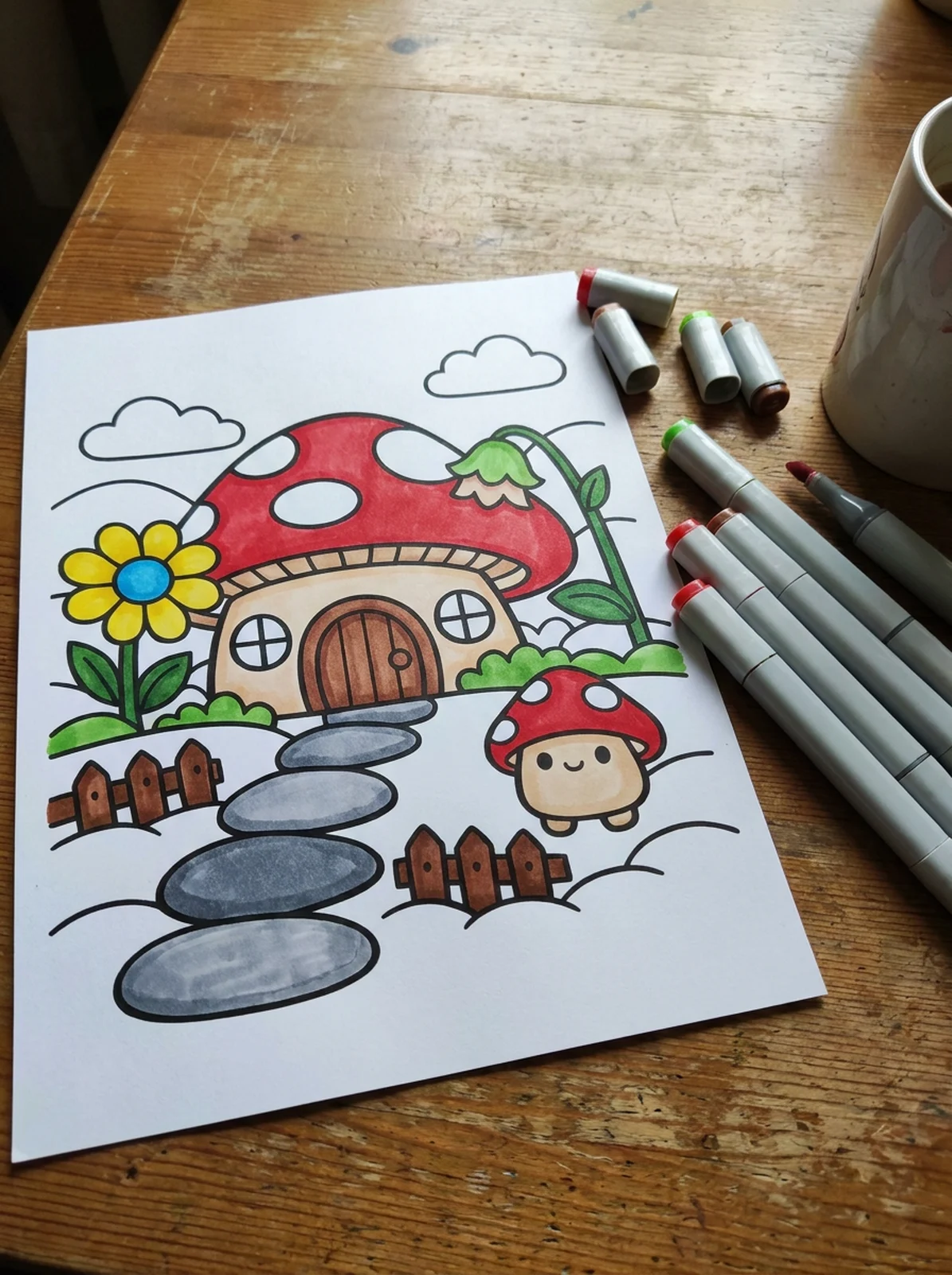 Mushroom Cottage in the Garden coloring page printed and half colored with markers