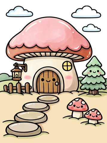 Mushroom House in the Snow coloring page, colored in