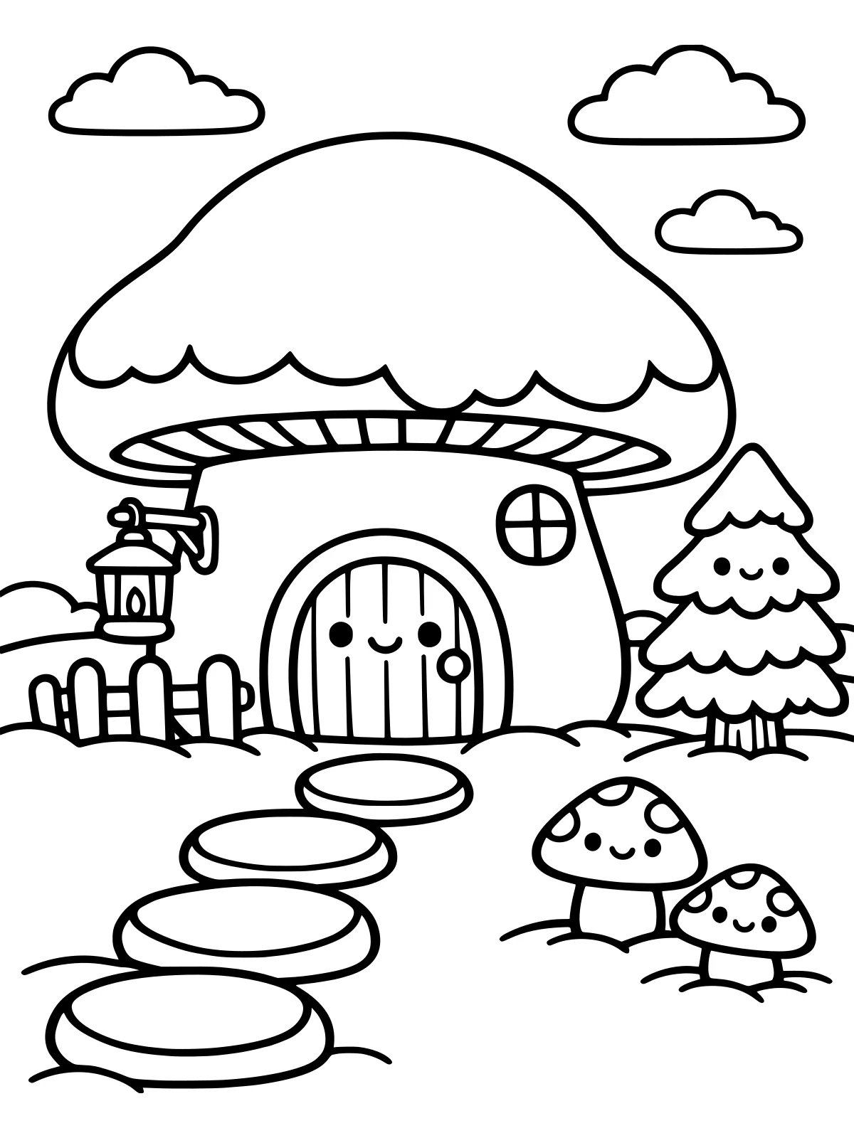 Mushroom House in the Snow coloring page: a big snow-capped mushroom house with a round door and lantern, a little fence, a stepping stone path and two small mushrooms, bold and easy line art
