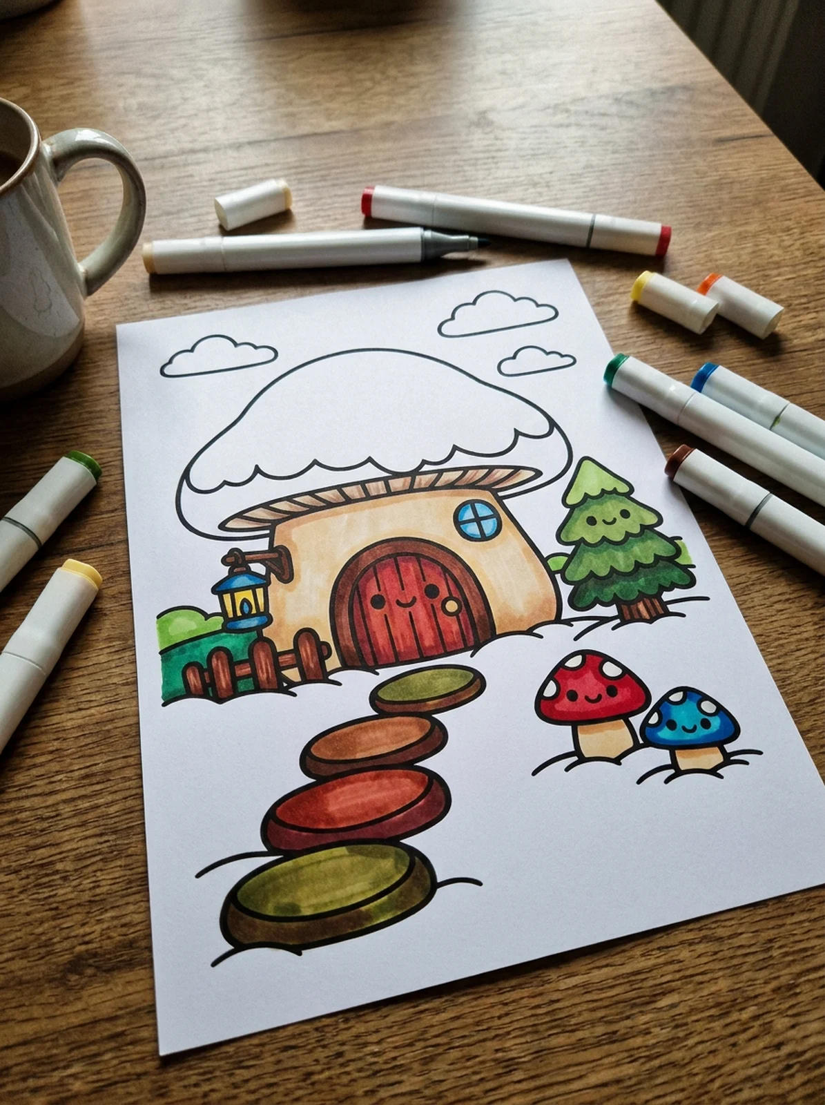 Mushroom House in the Snow coloring page printed and half colored with markers