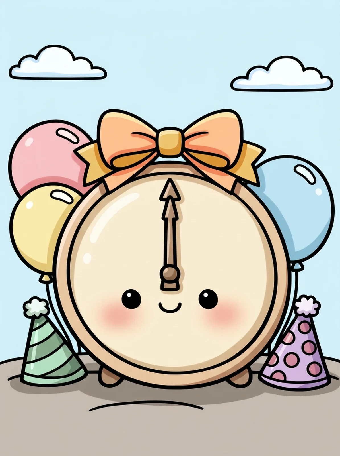 New Year Countdown Clock with Balloons coloring page, colored in
