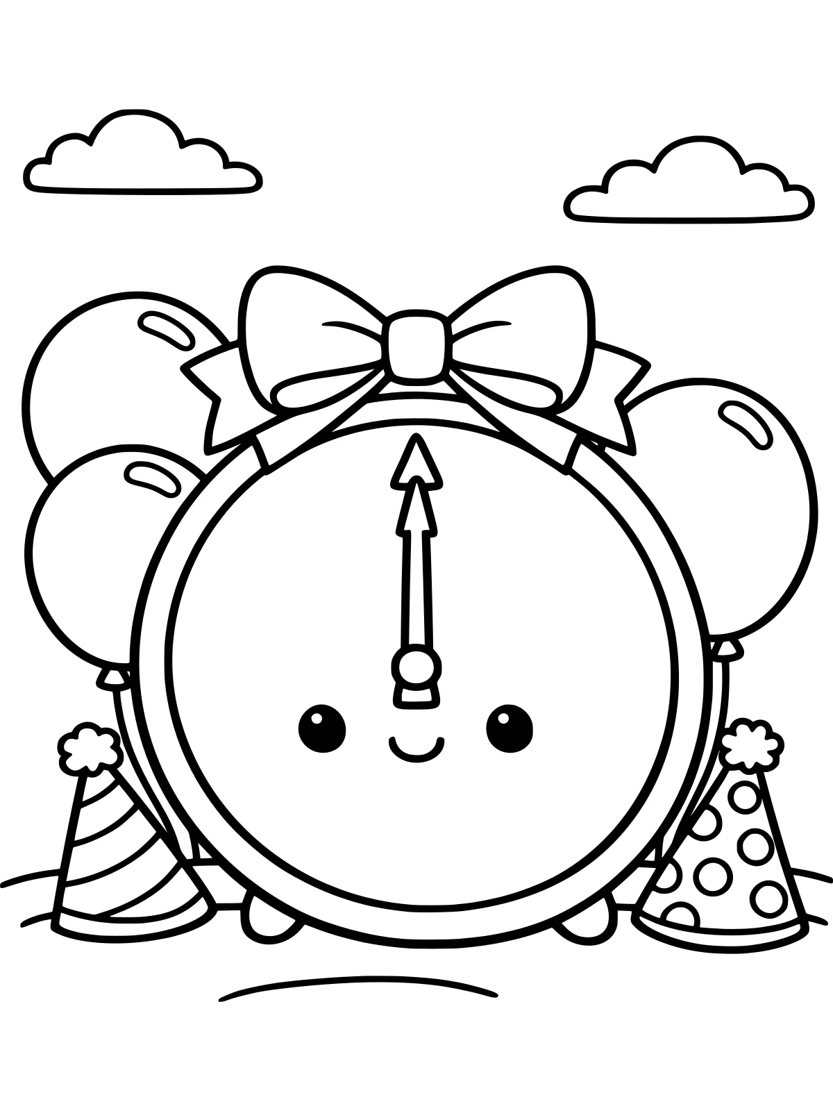 New Year Countdown Clock with Balloons coloring page: a big round clock strikes midnight under a ribbon bow, with three balloons and two party hats waiting for the new year countdown, bold and easy line art