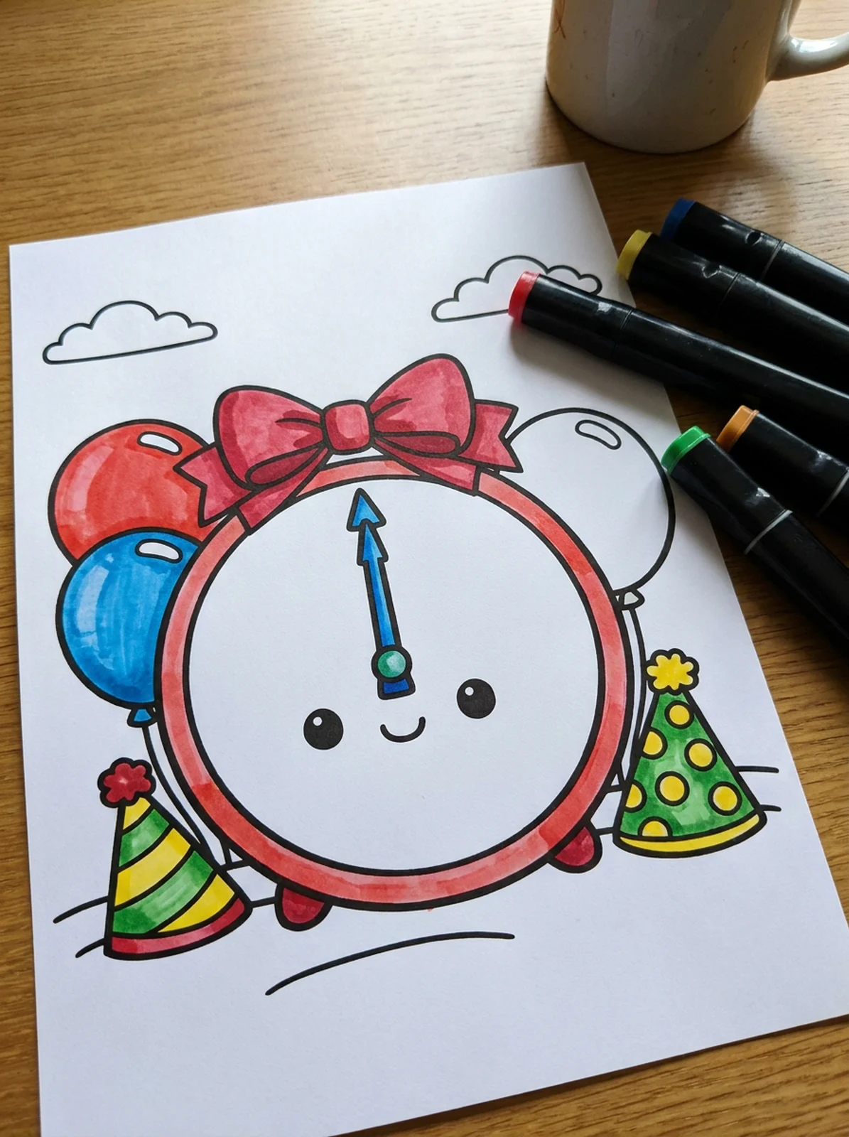 New Year Countdown Clock with Balloons coloring page printed and half colored with markers