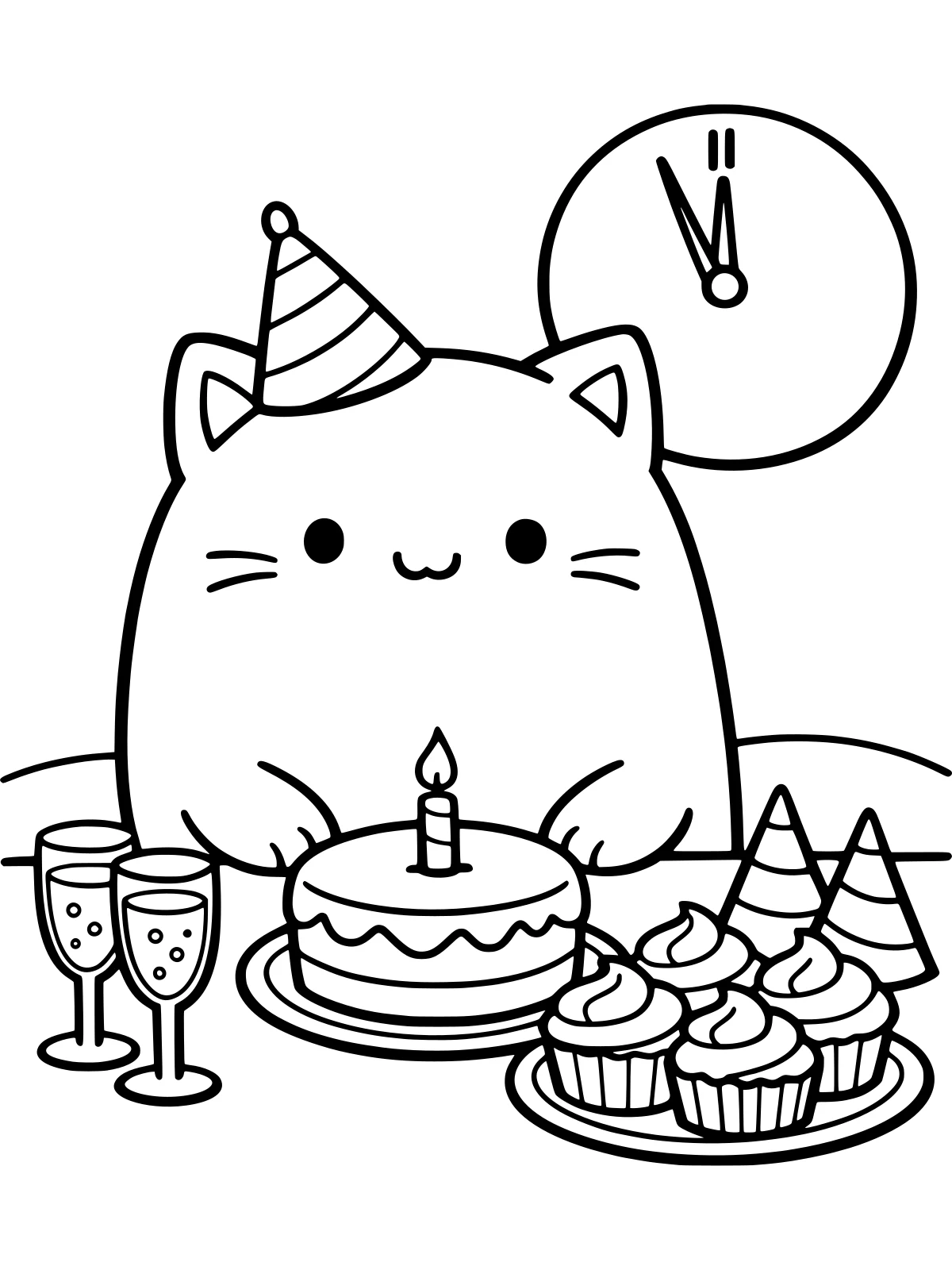New Year's Eve Party Table coloring page: a round cat in a party hat waits at a new year's eve table with a one-candle cake, sparkling juice, four cupcakes and two party hats as the clock nears midnight, bold and easy line art