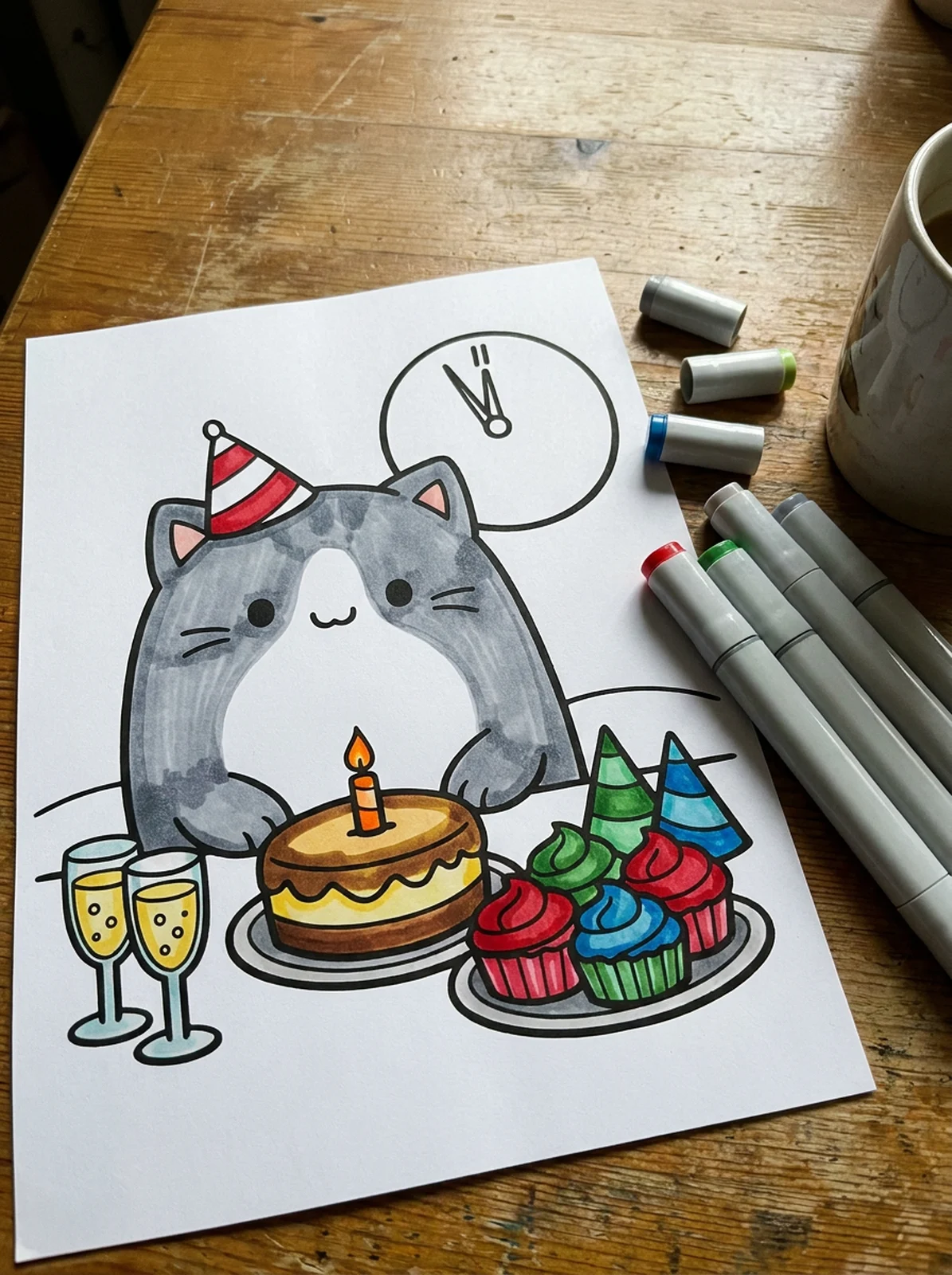 New Year's Eve Party Table coloring page printed and half colored with markers