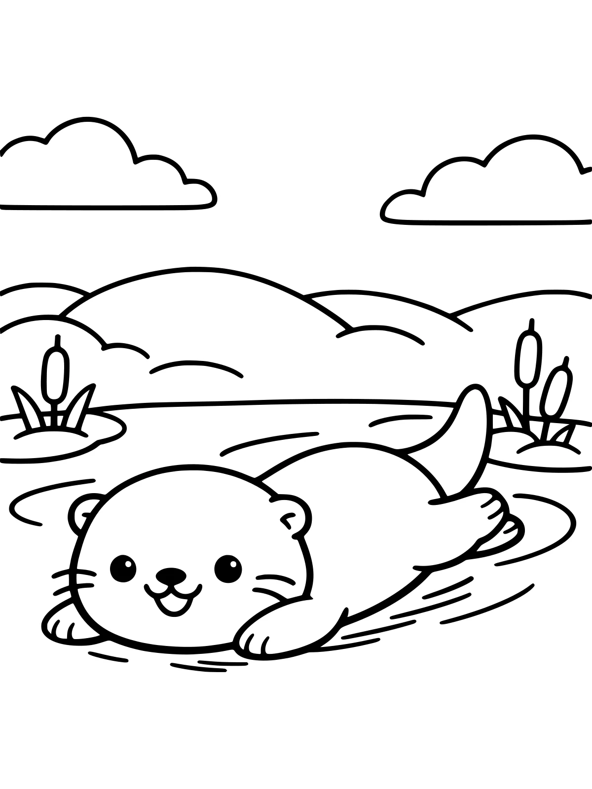 Otter Sliding on the Ice coloring page: a playful otter slides on its belly across a pond with a big smile, past two clumps of cattails, with rolling hills and clouds behind, bold and easy line art