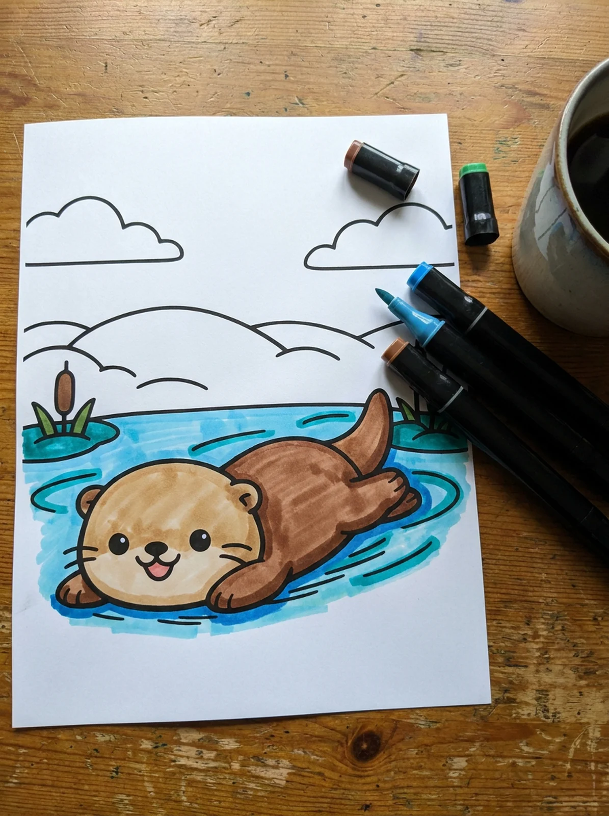 Otter Sliding on the Ice coloring page printed and half colored with markers