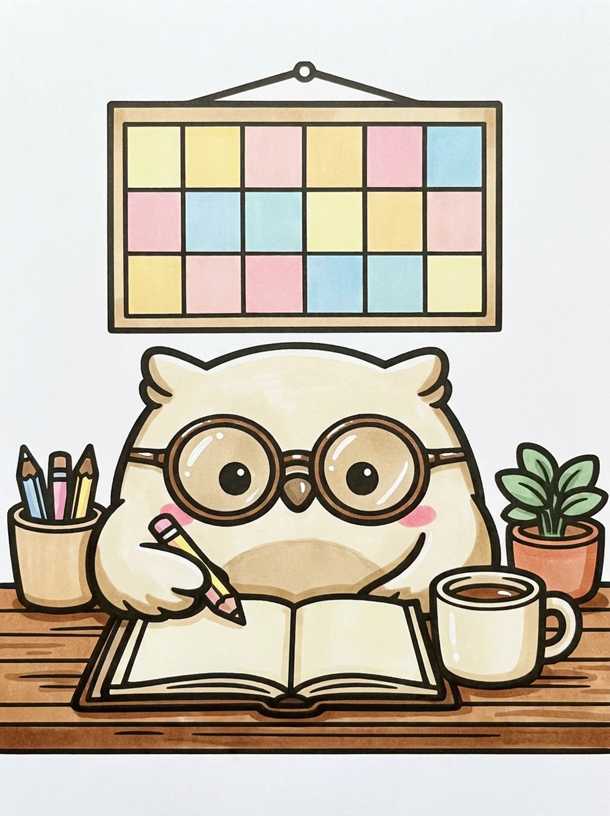 Owl Planning the New Year coloring page, colored in