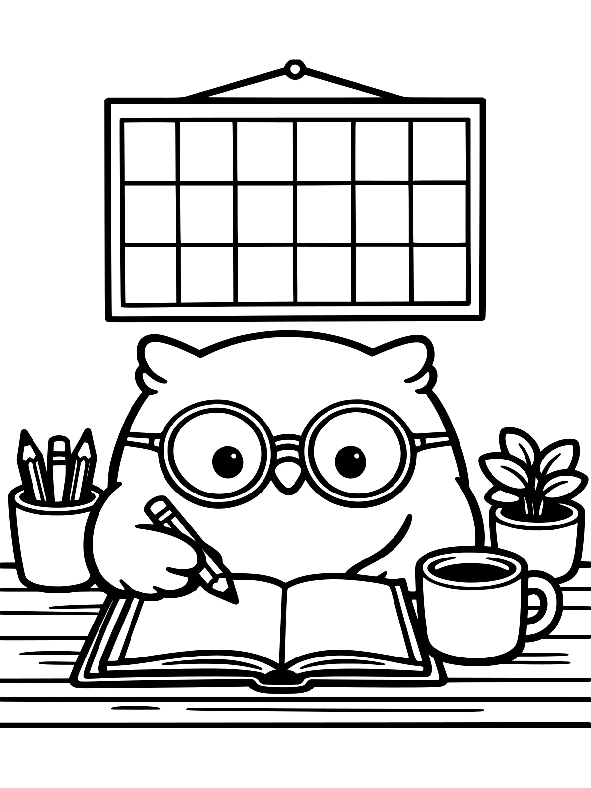 Owl Planning the New Year coloring page: a round owl in glasses plans the year ahead in an open planner, with a pencil cup, a blank calendar, a mug of tea and a plant, bold and easy line art