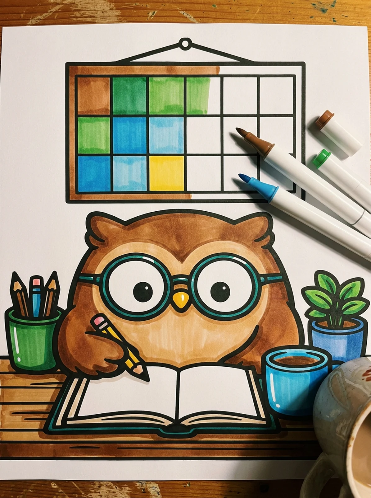 Owl Planning the New Year coloring page printed and half colored with markers