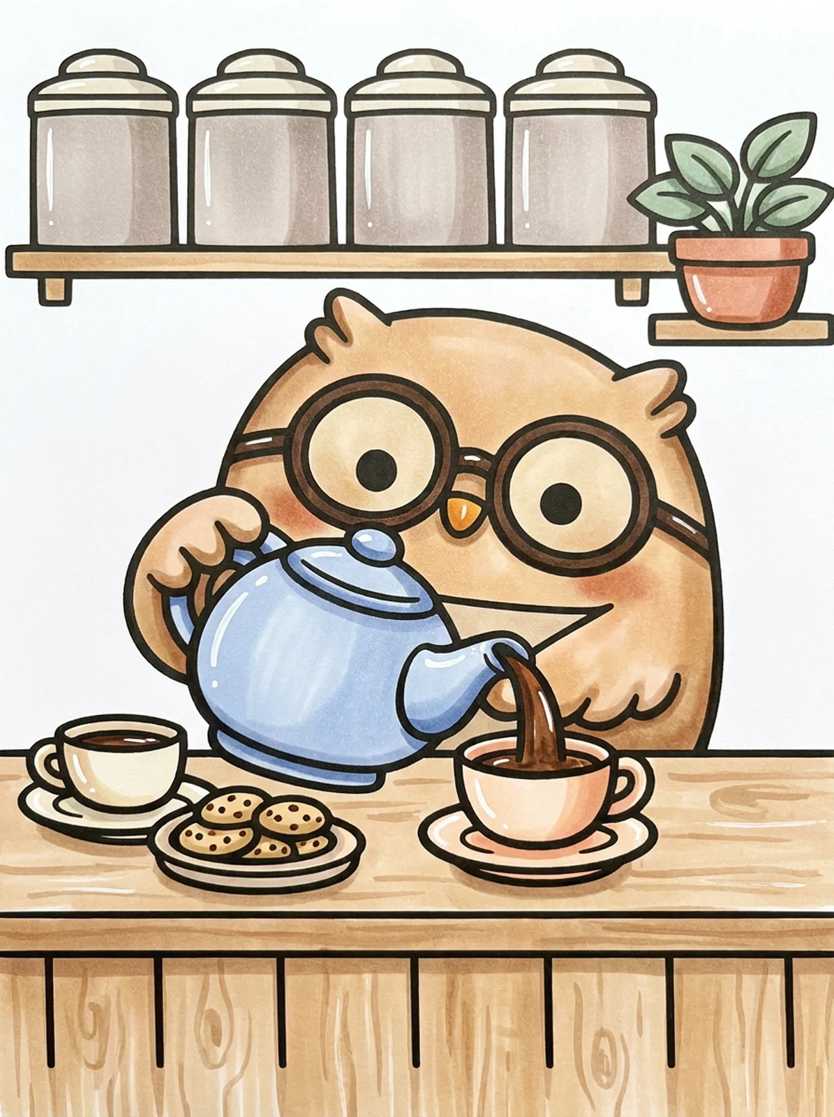 Owl Pouring Tea in a Tea Shop coloring page, colored in
