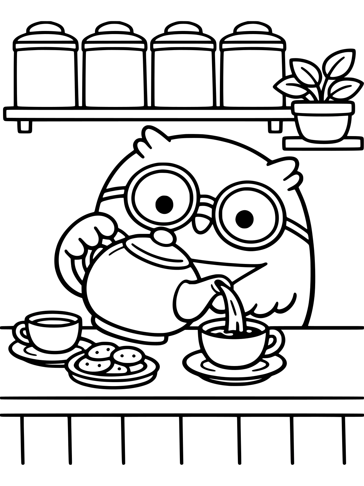 Owl Pouring Tea in a Tea Shop coloring page: a round owl in glasses pours tea behind a little tea shop counter, with a short shelf of tea tins and a potted plant, bold and easy line art