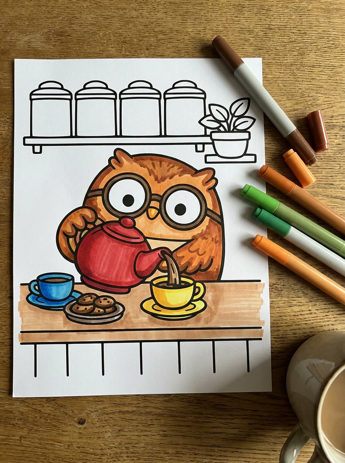 Owl Pouring Tea in a Tea Shop coloring page printed and half colored with markers