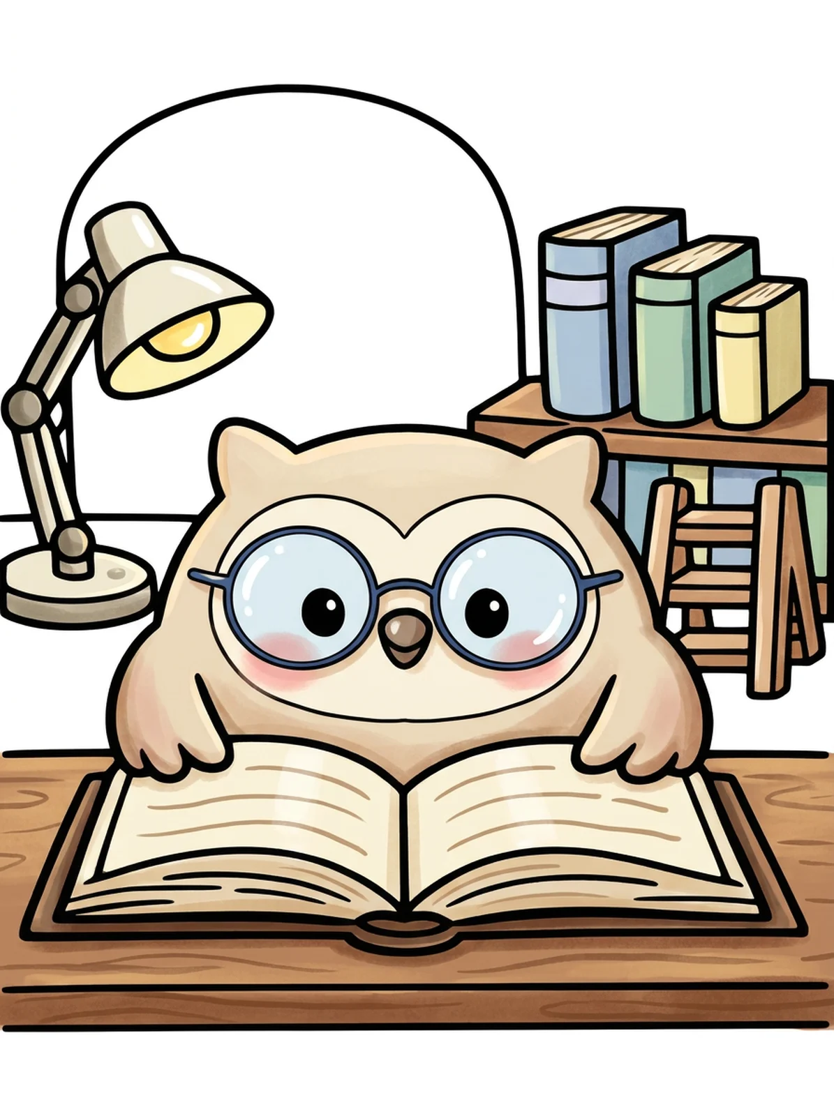 Owl Reading in a Tiny Library coloring page, colored in