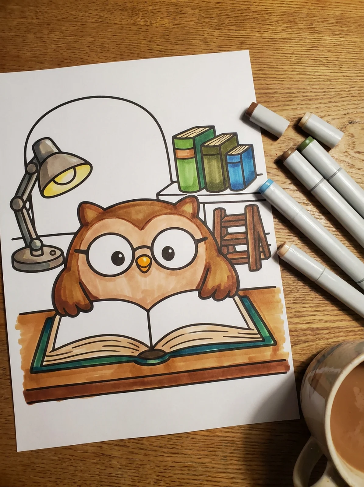 Owl Reading in a Tiny Library coloring page printed and half colored with markers