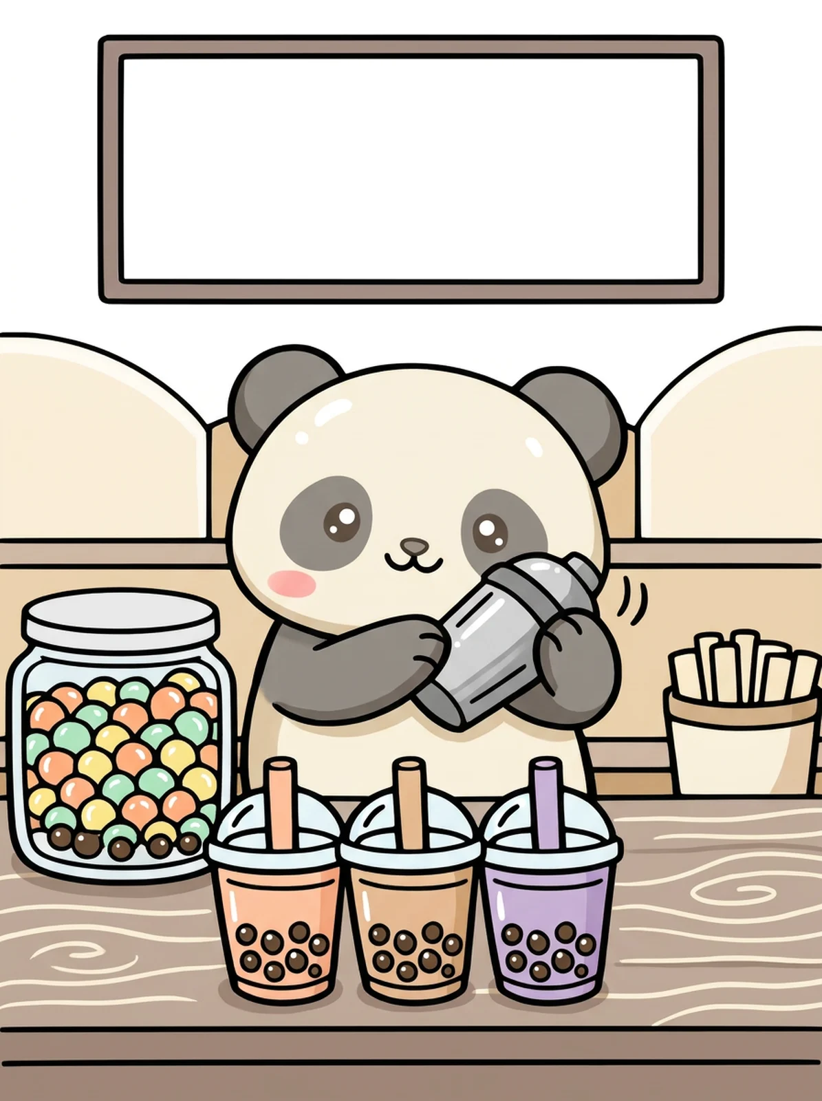 Panda Making Bubble Tea coloring page, colored in