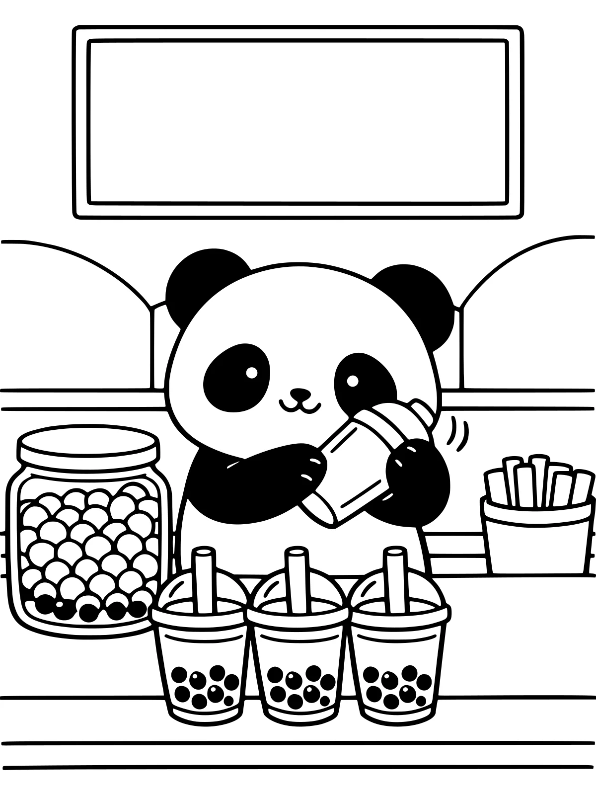Panda Making Bubble Tea coloring page: a cute panda shakes up bubble tea behind a little counter, with three finished cups, a jar of tapioca pearls and a blank menu board, bold and easy line art