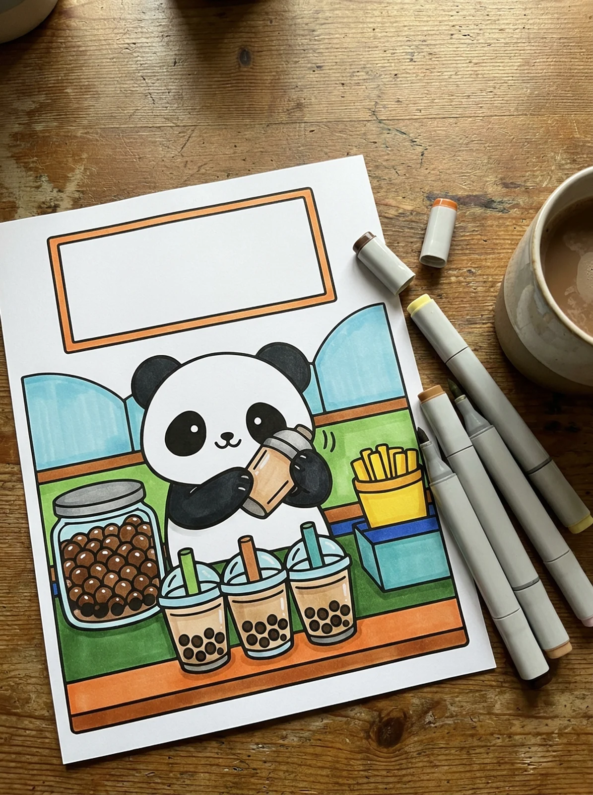 Panda Making Bubble Tea coloring page printed and half colored with markers