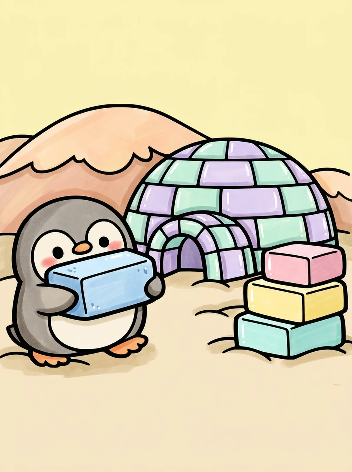 Penguin Building an Igloo coloring page, colored in