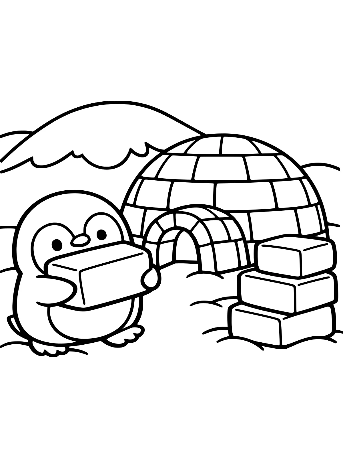 Penguin Building an Igloo coloring page: a cute penguin carries a big snow block toward a half-built igloo, next to a stack of three more blocks and snowy hills, bold and easy line art