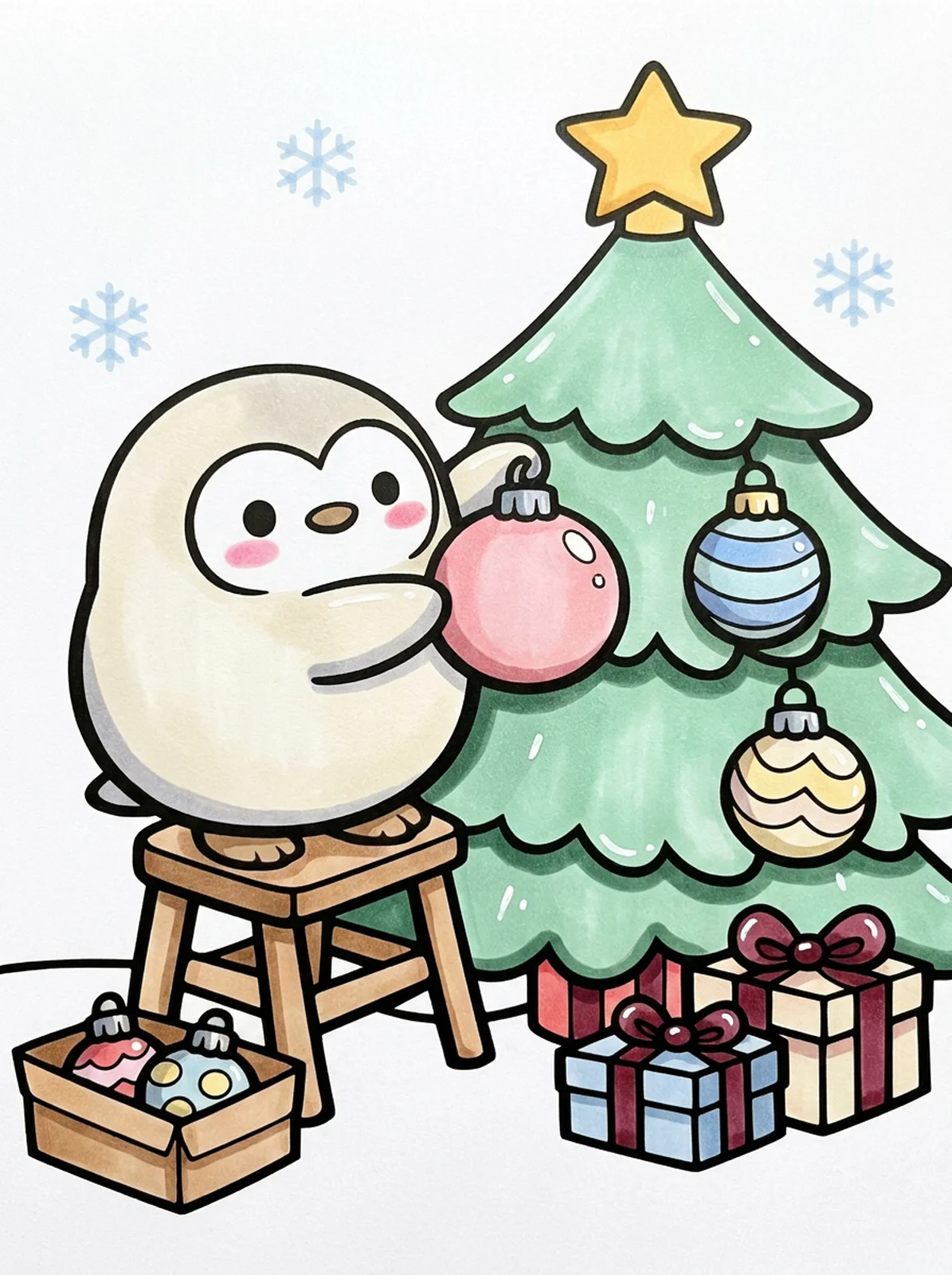 Penguin Decorating a Christmas Tree coloring page, colored in