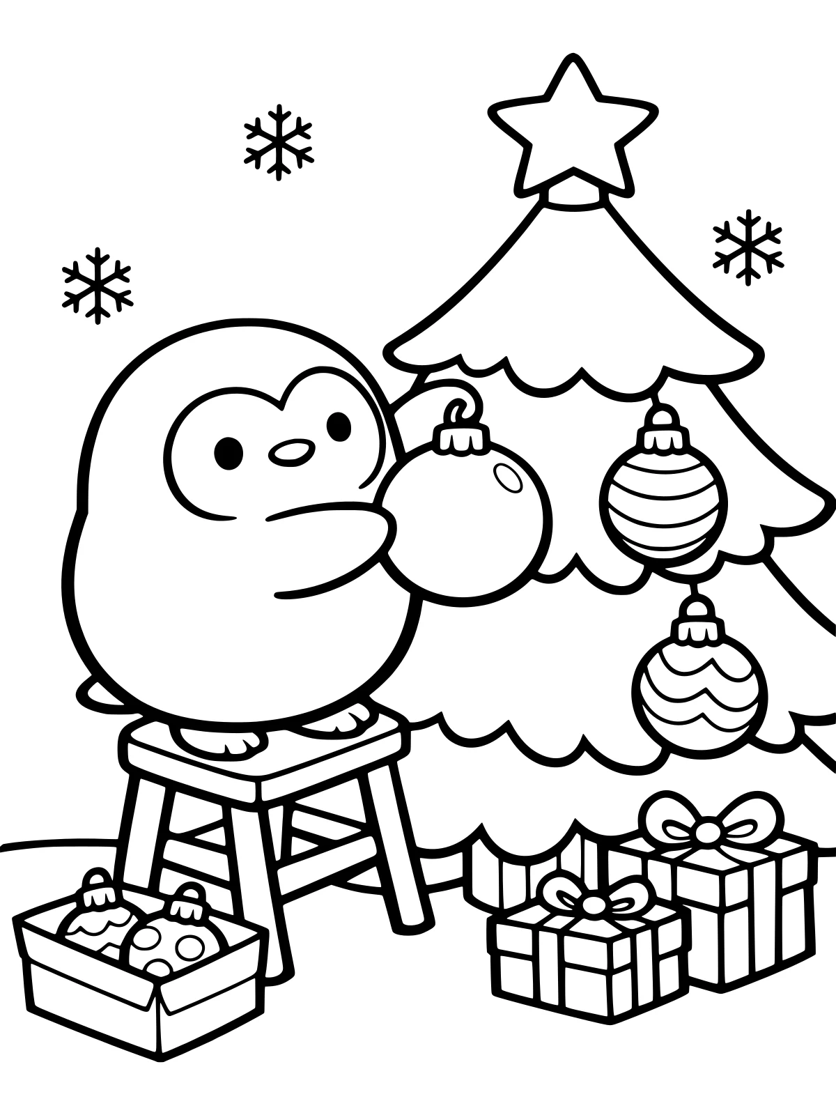 Penguin Decorating a Christmas Tree coloring page: a round penguin on a step stool hangs a big ornament on the christmas tree, with a box of ornaments and three gifts below, bold and easy line art