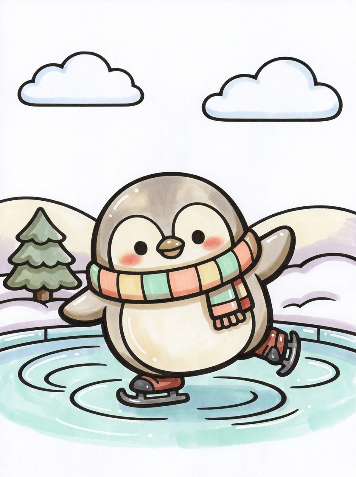 Penguin Ice Skating coloring page, colored in