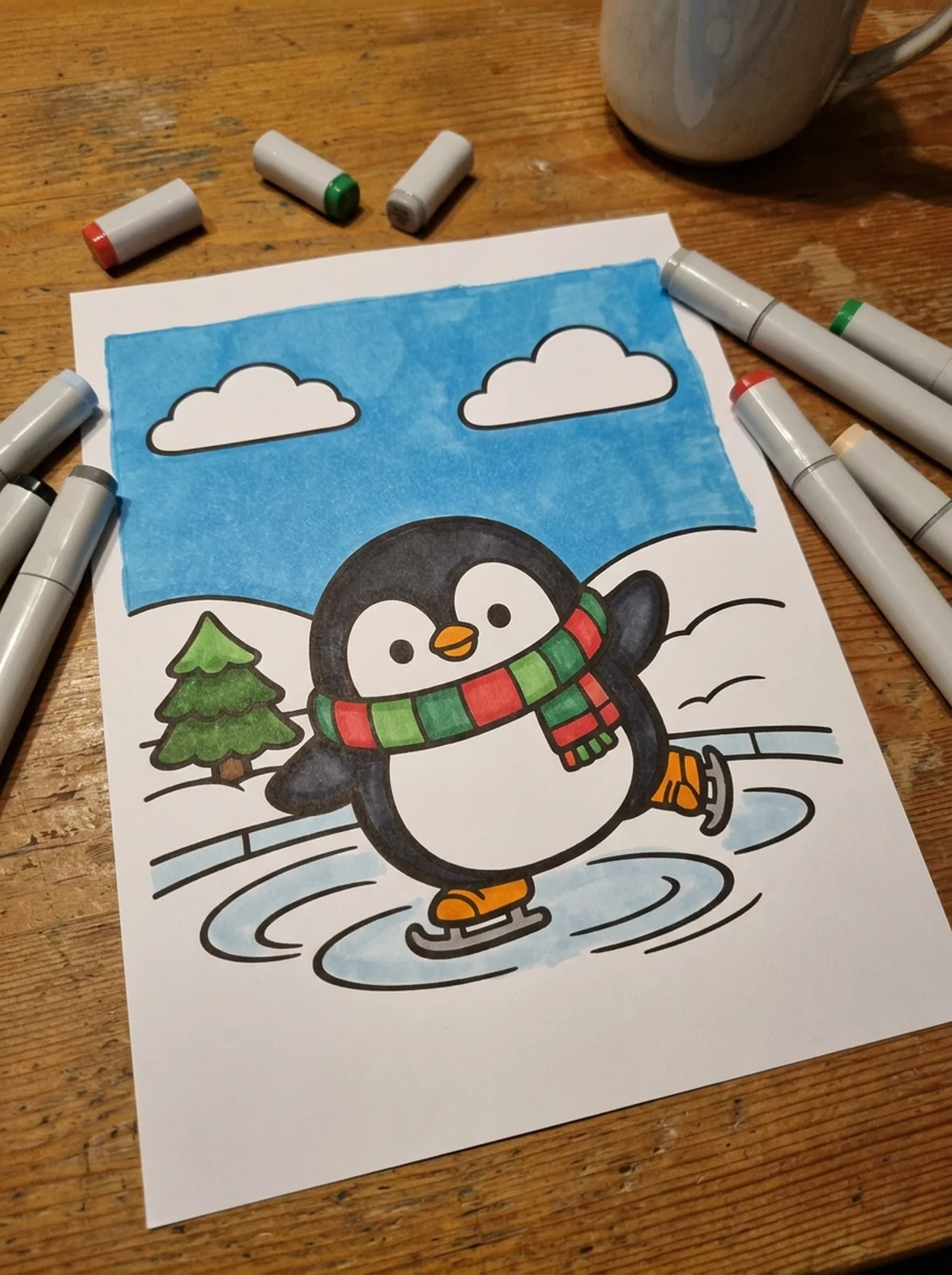 Penguin Ice Skating coloring page printed and half colored with markers