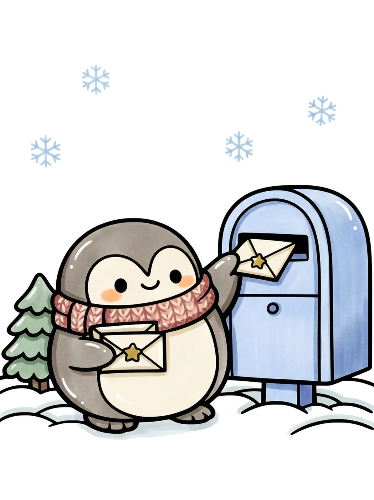 Penguin Mailing Christmas Cards coloring page, colored in