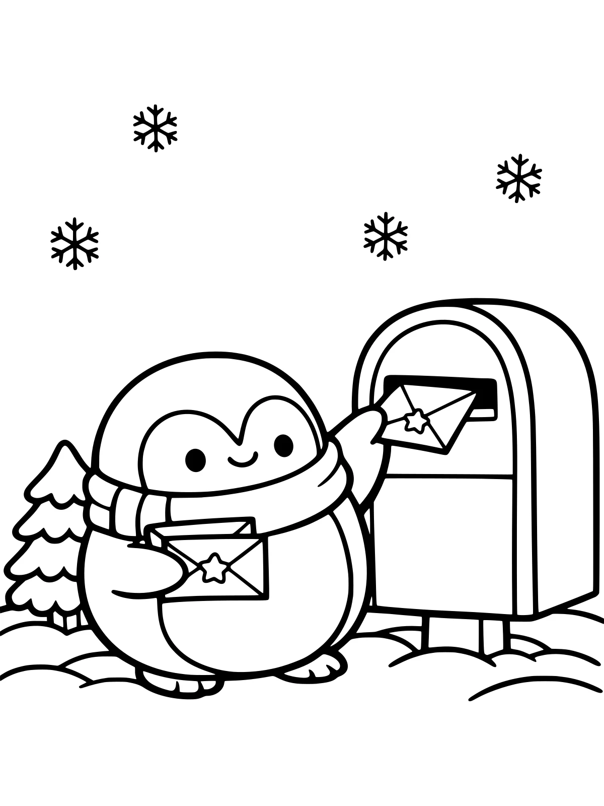 Penguin Mailing Christmas Cards coloring page: a round penguin in a scarf drops a christmas card into a big mailbox, holding one more star-sealed envelope beside a snowy pine, bold and easy line art