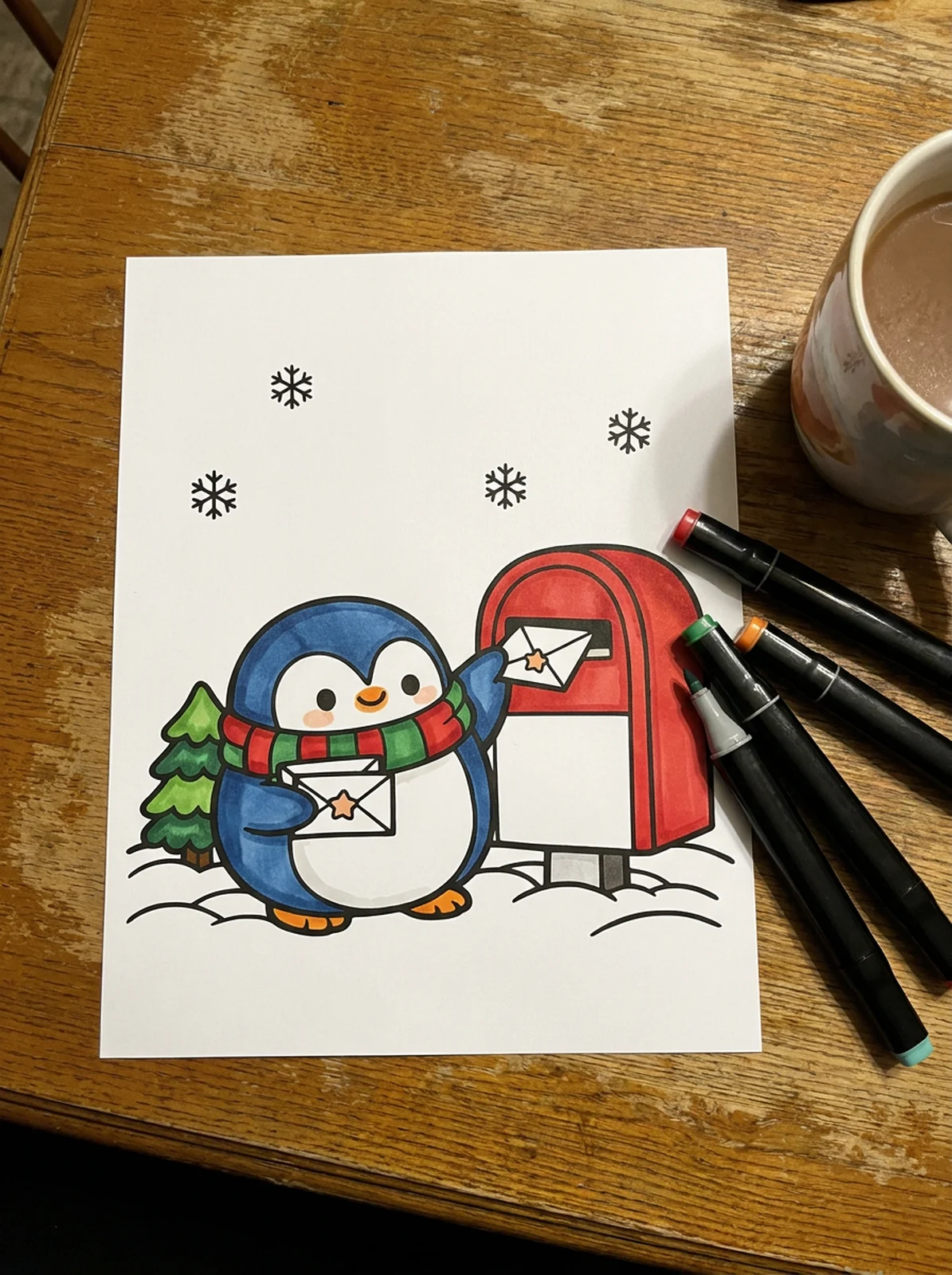 Penguin Mailing Christmas Cards coloring page printed and half colored with markers