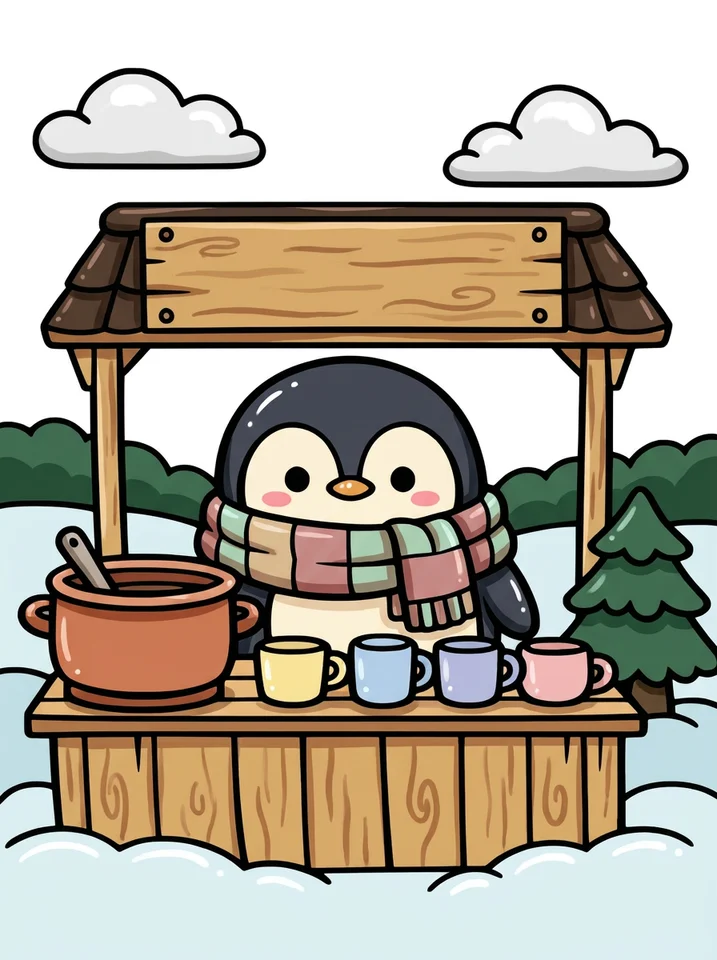 Penguin Selling Hot Cocoa in the Snow coloring page, colored in