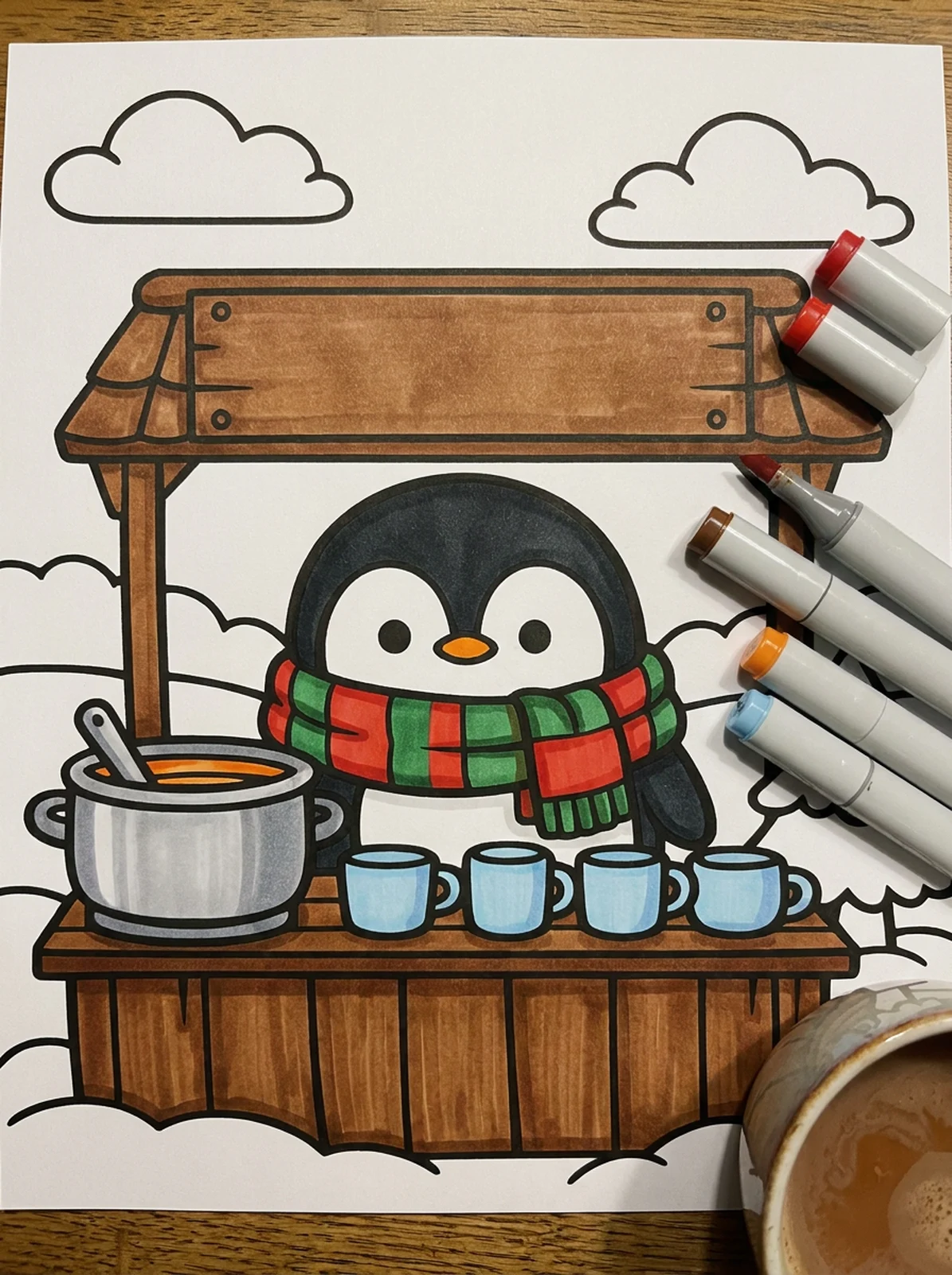 Penguin Selling Hot Cocoa in the Snow coloring page printed and half colored with markers